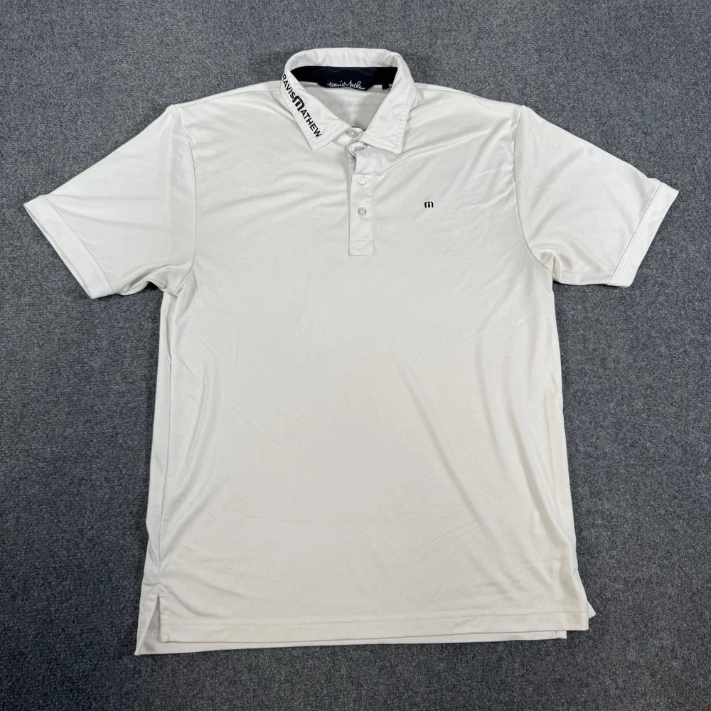 Travis Mathew Polo Shirt Mens Large White‎ PGA Tour Logo Golf Performance